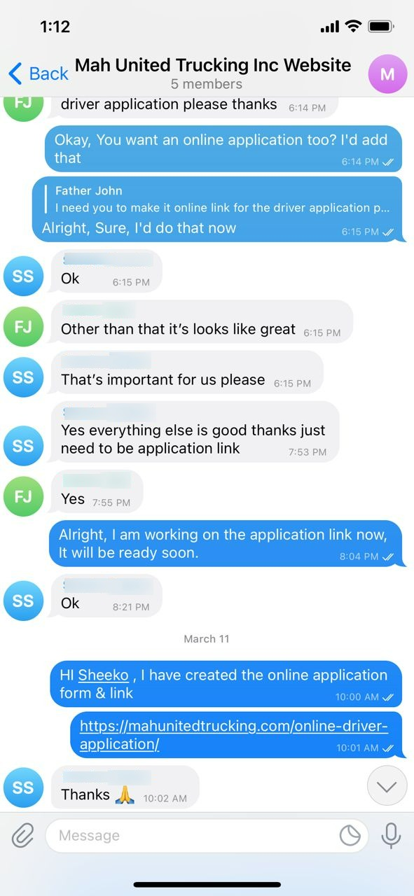 Client conversation with Mah United Trucking